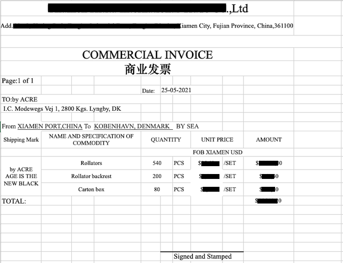 Commercial Invoice example