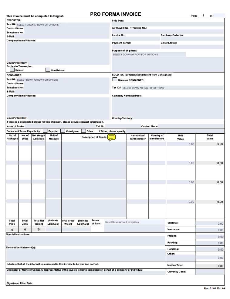 Sample Proforma Invoice form